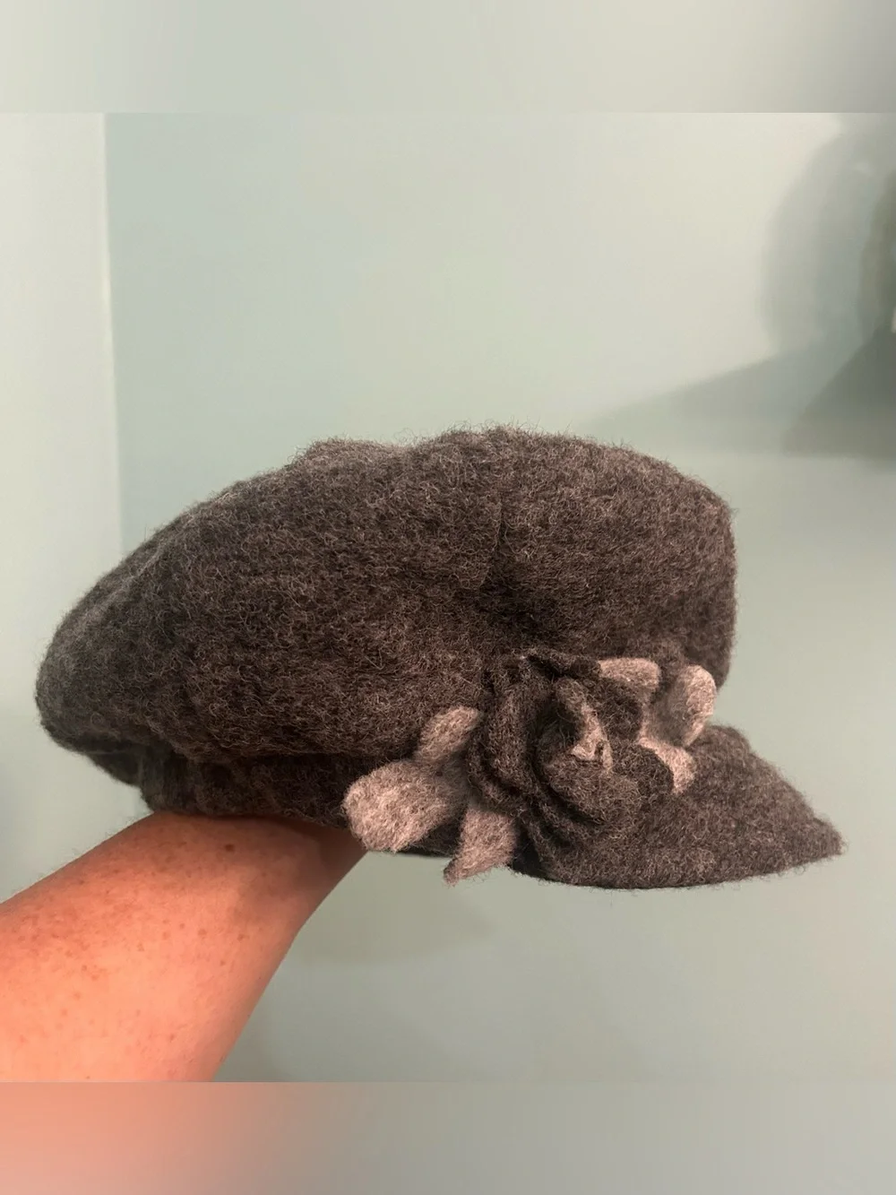 Bordoni Grey Wool Blend Rosette Flower Newsboy Fleece Lined Cap Hat Italy